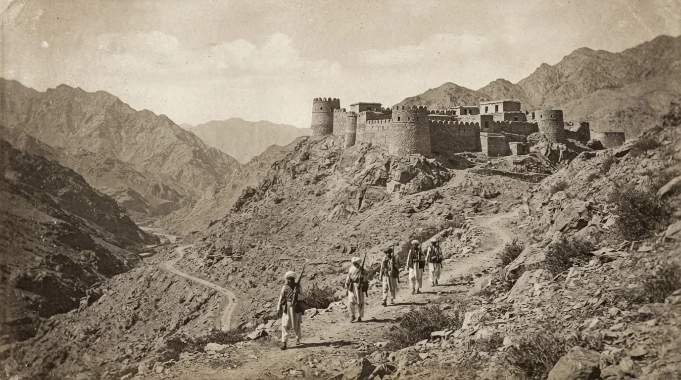 Archival photograph, circa 1910, of a hill fort above a valley in Waziristan with a group of men on the track below